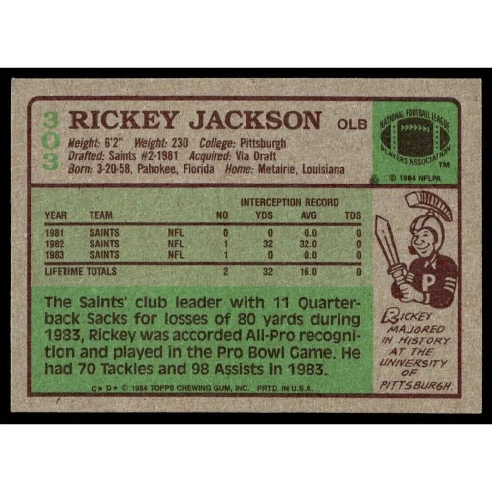 1984 Topps Rickey Jackson Rookie New Orleans Saints #303